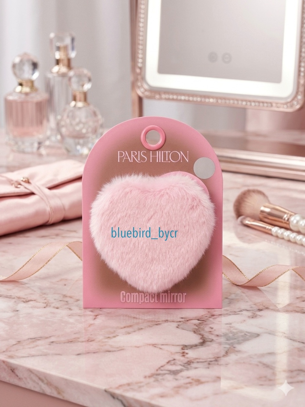 Paris Hilton Pink Heart Fuzzy Compact Mirror